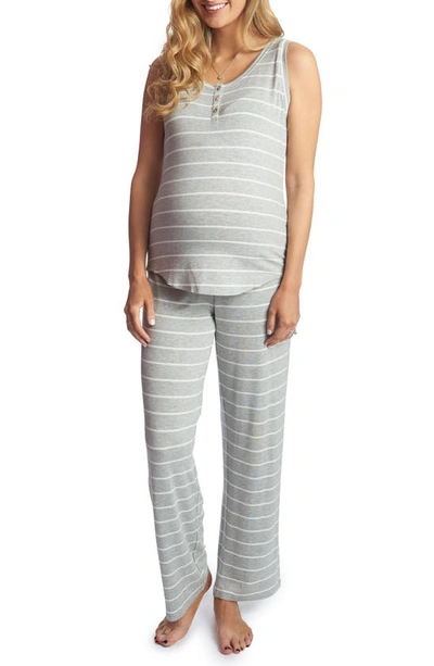 Everly Grey Maternity Joy Tank & Pants /nursing Pajama Set In Heather Grey