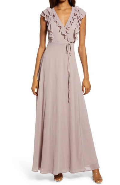 Lulus Dance Of Elegance Ruffle Wrap Gown In Grey Lavender