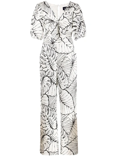 Marchesa Notte Short Puff Sleeve V-neck Linen Jumpsuit In Ivory