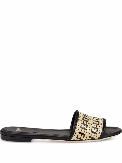 Fendi Ff Interlace Raffia Slides In Black