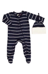 Baby Grey By Everly Grey Jersey Footie & Hat Set In Navy Stripe