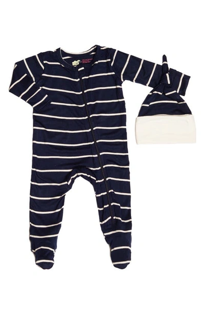 Baby Grey By Everly Grey Babies' Jersey Footie & Hat Set In Navy Stripe