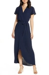 Fraiche By J Flutter Sleeve Faux Wrap Maxi Dress In Navy