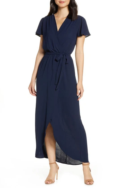 Fraiche By J Flutter Sleeve Faux Wrap Maxi Dress In Navy