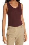 Vince Ribbed Henley Tank Top In Oxblood