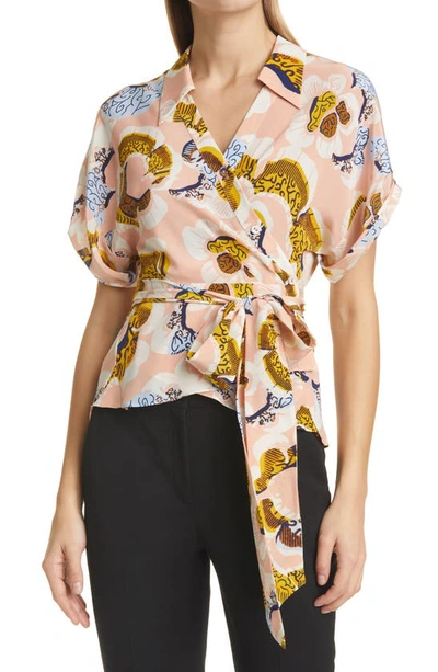 Dvf Debbie Wrap Silk Top In Wax Cloth Floral Small Nude