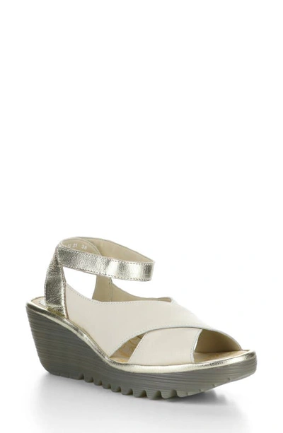 Fly London Yivi Wedge Sandal In Off White/ Gold Mousse/ Idra