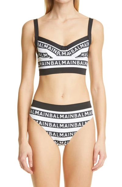 Balmain Logo Stripe Two-piece Swimsuit In White/ Black