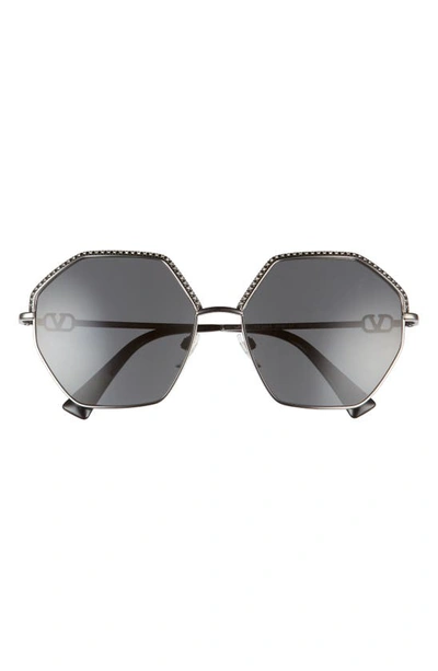 Valentino 59mm Crystal Trim Geometric Sunglasses In Ruthenium/ Smoke