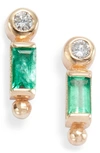 ANZIE CLO EMERALD BAGUETTE & DIAMOND STUD EARRINGS,4385ED