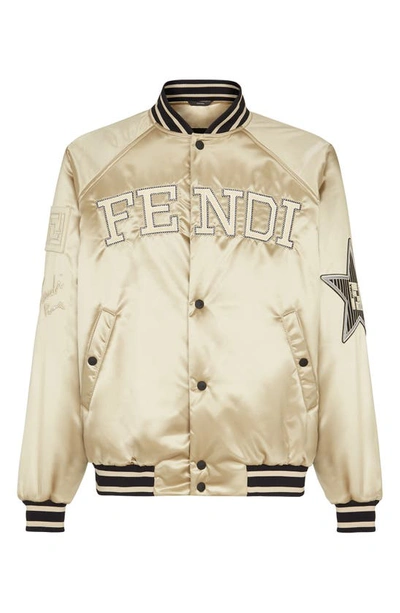Fendi Embroidered Logo Buttoned Bomber Jacket In Beige