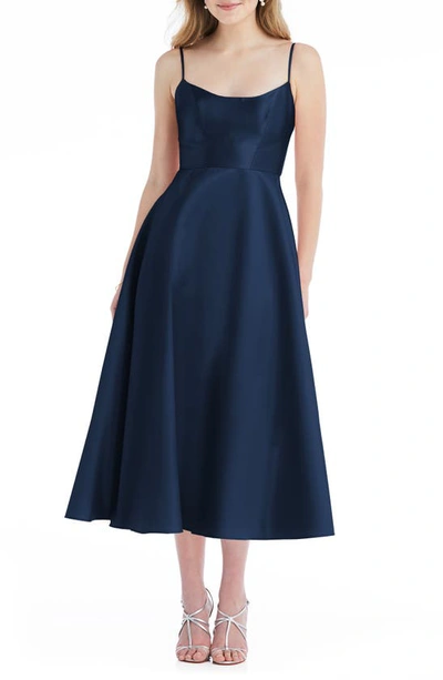 Alfred Sung Spaghetti Strap Full Skirt Satin Midi Dress In Midnight Blue