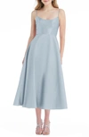 Alfred Sung Spaghetti Strap Full Skirt Satin Midi Dress In Blue