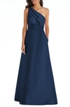 Alfred Sung Bow One-shoulder Satin Trumpet Gown In Blue