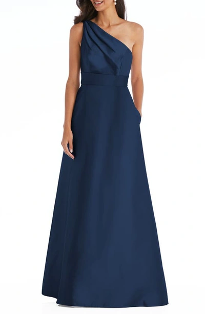 Alfred Sung Bow One-shoulder Satin Trumpet Gown In Blue
