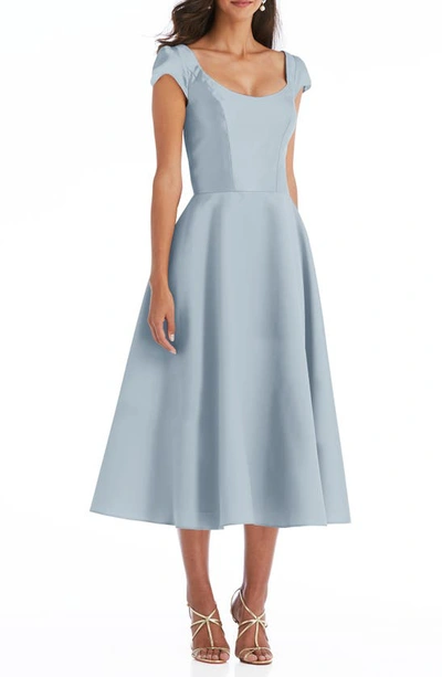 Alfred Sung Cap Sleeve Full Skirt Satin Midi Cocktail Dress In Grey