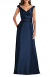 Alfred Sung Off-the-shoulder Draped Wrap Satin Maxi Dress In Midnight