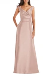 Alfred Sung Off-the-shoulder Draped Wrap Satin Maxi Dress In Toasted Sugar