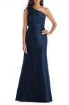 Alfred Sung Bow One-shoulder Satin Trumpet Gown In Midnight