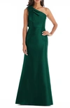 Alfred Sung Bow One-shoulder Satin Trumpet Gown In Hunter