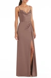 Dessy Collection Cowl-neck Draped Wrap Maxi Dress With Front Slit In Sienna