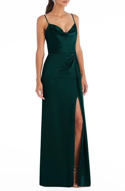 Dessy Collection Cowl-neck Draped Wrap Maxi Dress With Front Slit In Evergreen