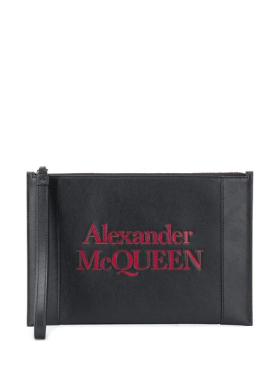 Alexander Mcqueen Black Calf Leather Logo-print Zip Clutch Bag