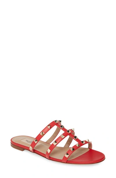 Valentino Garavani Rockstud Slide Sandal In Red Leather