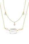 Sterling Forever 14k Gold Plated Bezel Cz And 9mm Baroque Pearl Layered Necklace In Gold