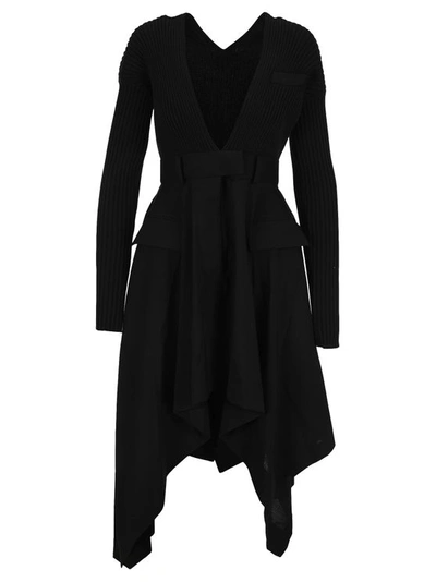 Sacai Asymmetric Ribbed Cotton-blend And Cady Dress In Black