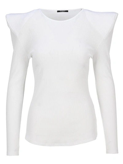 Balmain Padded-shoulder Ribbed-knit Top In White