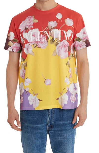 Valentino Cotton T-shirt With Flying Flowers Print In Yellow,red,green,purple