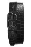 Balenciaga Men's Logo Buckle Croc Embossed Leather Belt In Black