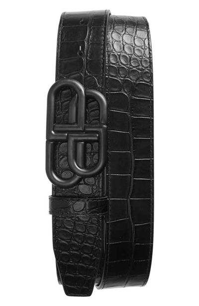 Balenciaga Men's Logo Buckle Croc Embossed Leather Belt In Black