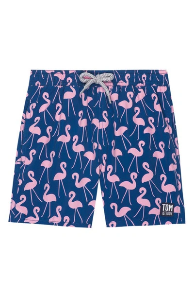 Tom & Teddy Kids' Flamingo Print Swim Trunks In Rose Blue