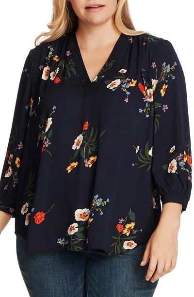 Vince Camuto Floral Print Pleat Blouse In Rich Black