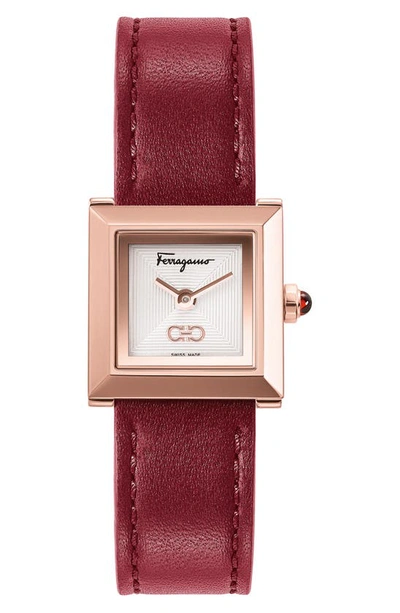Ferragamo Leather Strap Watch, 19 X 19mm In Rose Gold/ Red