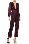 Mac Duggal Plunge Neck Long Sleeve Satin Jumpsuit In Plum