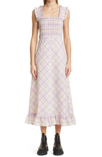 Ganni Ruffled Smocked Checked Organic Cotton-blend Seersucker Midi Dress In Orchid Blossom