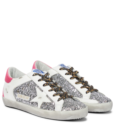 Golden Goose Superstar Sneakers In Leather With Suede And Glitter Inserts In White, Fucsia
