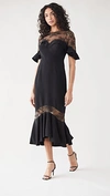 MARCHESA NOTTE CREPE LACE FLUTTER SLEEVE MIDI DRESS,NOTTE40746