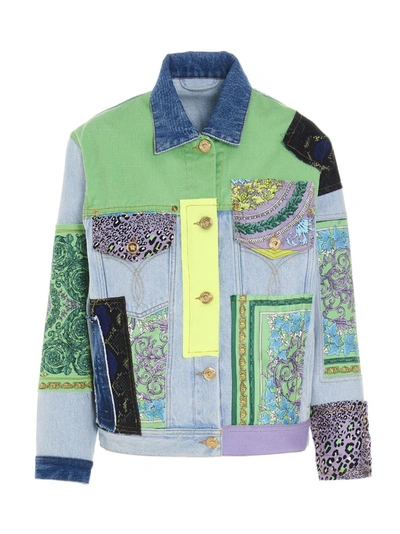 Versace Cotton Denim Jacket W/embroidery In Light Blue
