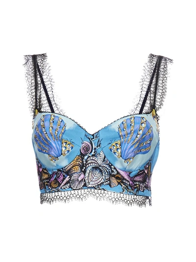 Versace La Medusa Lace-trimmed Printed Silk-twill Bustier Top In Blue