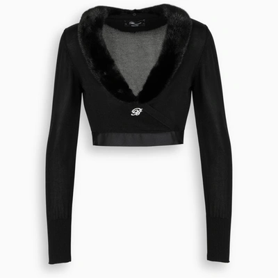 Blumarine Black Crossed Cropped Cardigan With Mink Collar