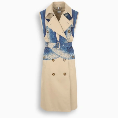 Burberry Mermaid-print Belted Sleeveless Trench Coat In Beige,blue