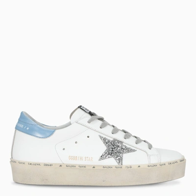 Golden Goose Hi Star Distressed Glittered Leather Sneakers In White,light Blue,silver