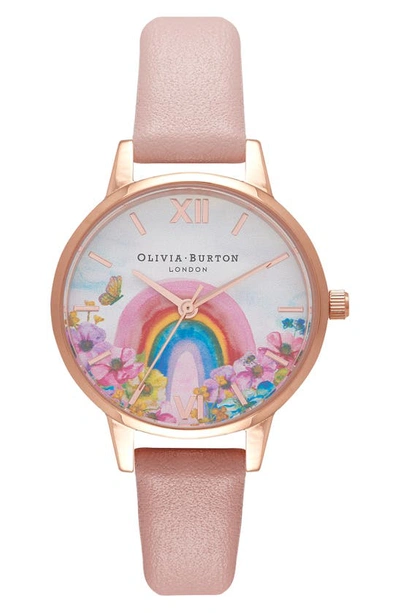 Olivia Burton Rainbow Of Hope Leather Strap Watch, 30mm In White/ Pink