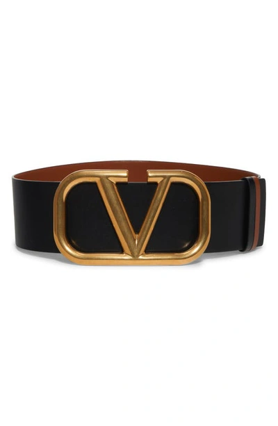 Valentino Garavani Vlogo 70mm Wide Box Leather Belt In Smokey Brown/nero