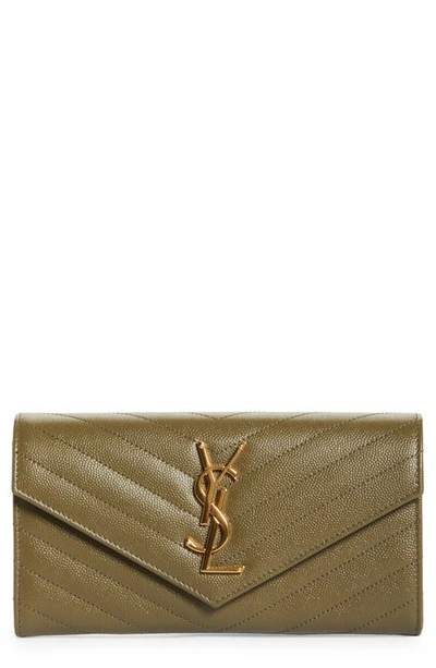 Saint Laurent Monogramme Logo Leather Flap Wallet In 3344 Vert Kaki