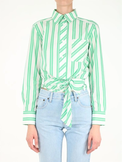 Ganni Tie-detailed Striped Organic Cotton-poplin Shirt In Green